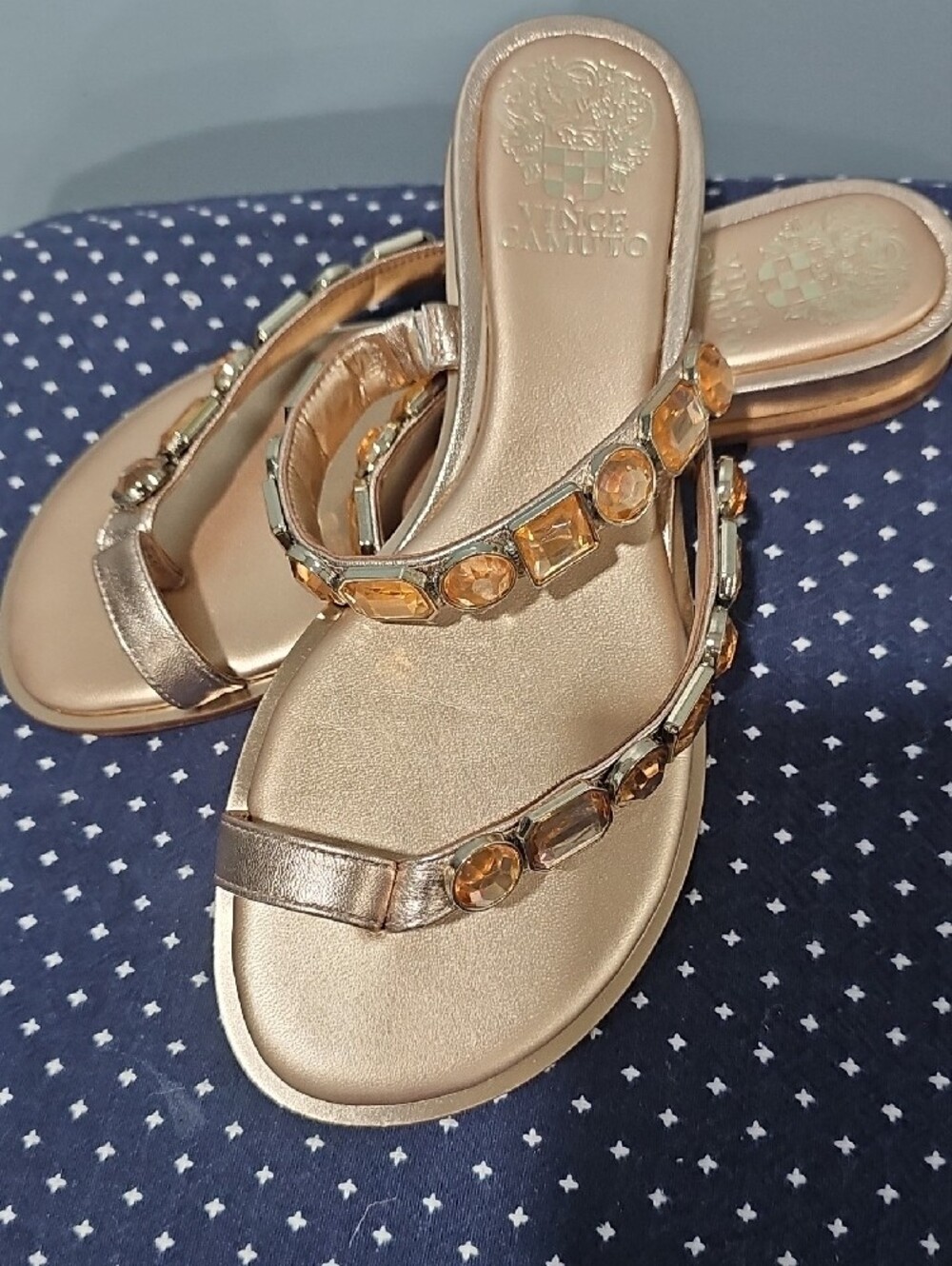 Vince Camuto Metallic Gold Jeweled Double-Strap Slide Sandals - Picture 4 of 14